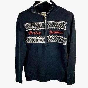 Harley Davidson Sweater Black Fair Isle 1/4 Zip Embroidered Women M Biker Ski